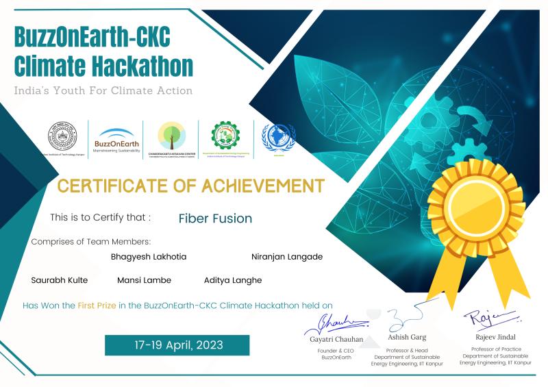 Winner - BuzzOnEarth Climate Change Hackathon certificate