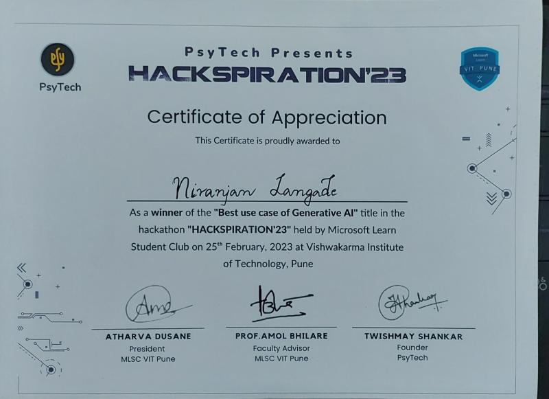 Winner of Best Use of GenAI certificate